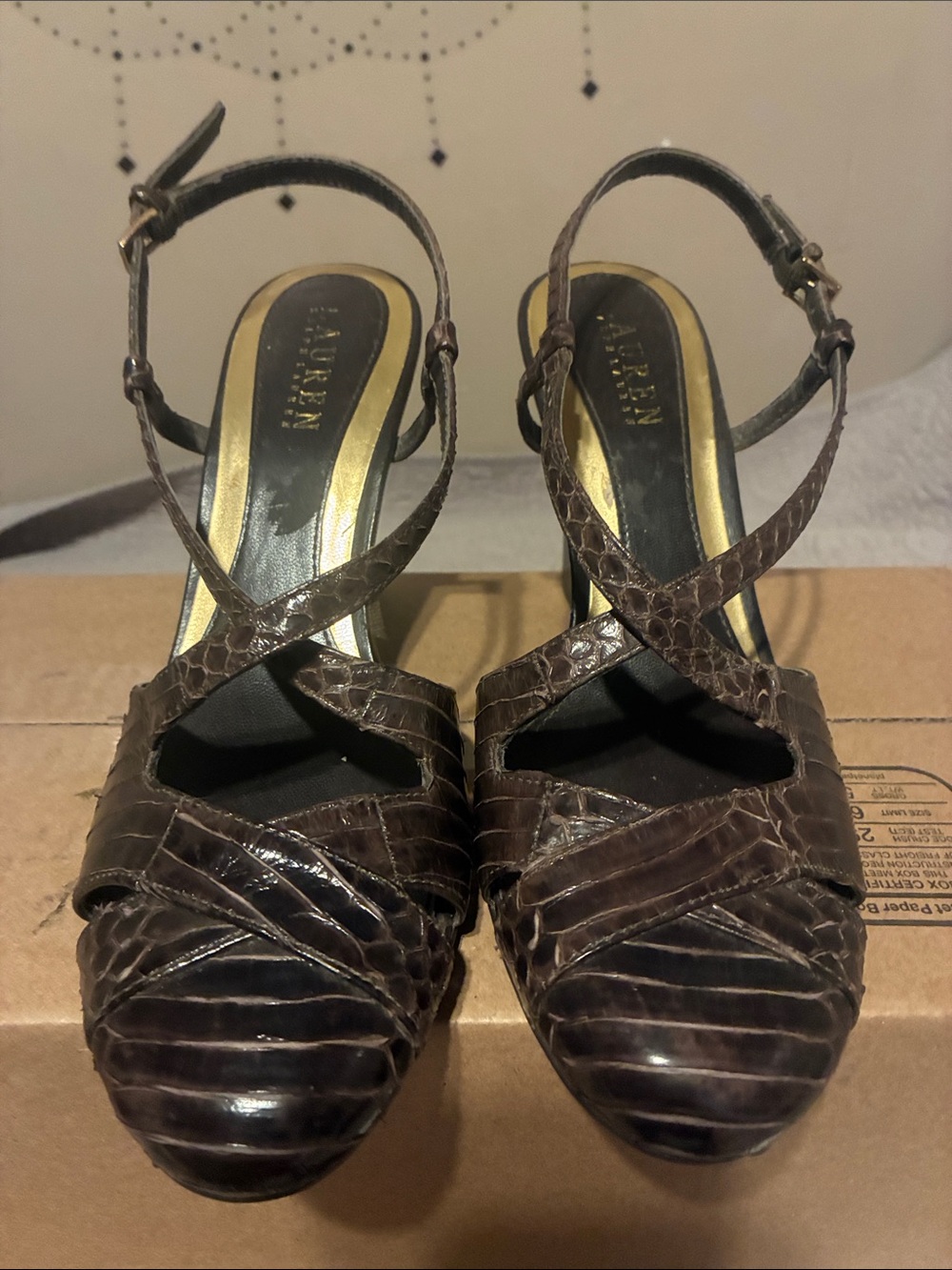 Ralph Lauren Brown Croc-Embossed Wedge Slingbacks